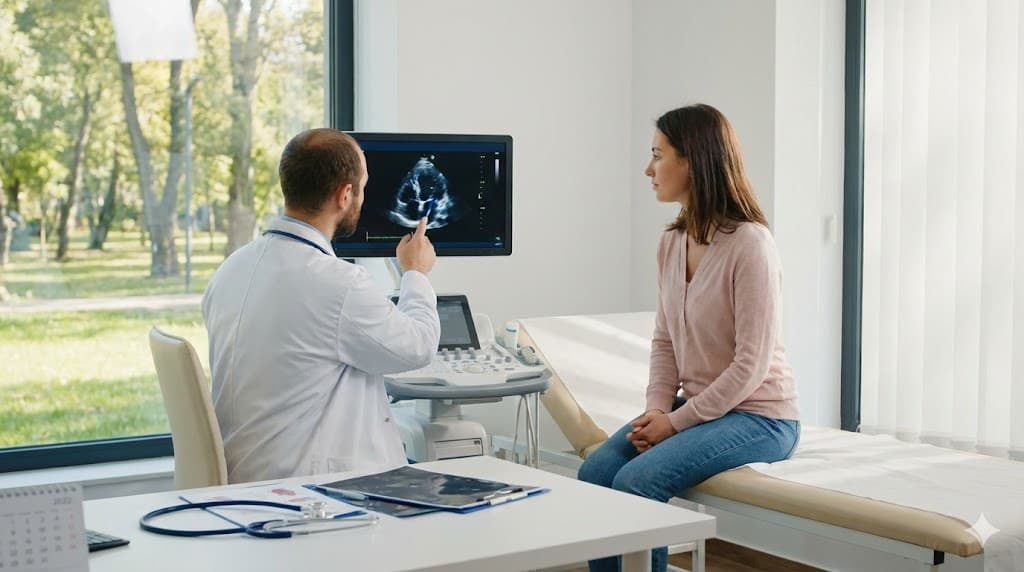 Medic cardiolog realizând o ecografie cardiacă unui pacient pentru evaluarea sănătății inimii.
