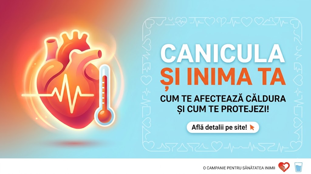 Inimă stilizată cu termometru și textul Canicula și Inima Ta pe fundal albastru.