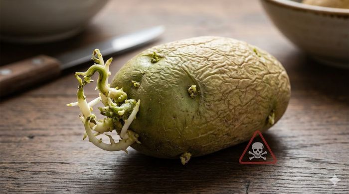 Cartof vechi, încolțit și verde, cu un simbol de avertizare, ilustrând riscul consumului de solanină.