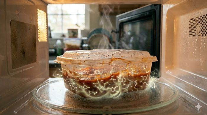 Mâncare fierbinte în caserole de plastic la microunde, cu simboluri chimice sugerând migrarea substanțelor.