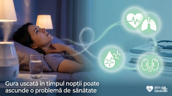 O femeie în pat cu disconfort, sugerând gura uscată, legată de posibile cauze medicale.