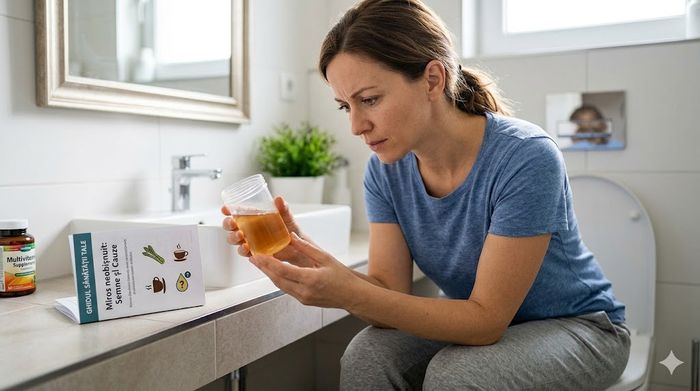 Femeie analizând o probă de urină în baie pentru a descoperi cauzele unui miros neobișnuit.