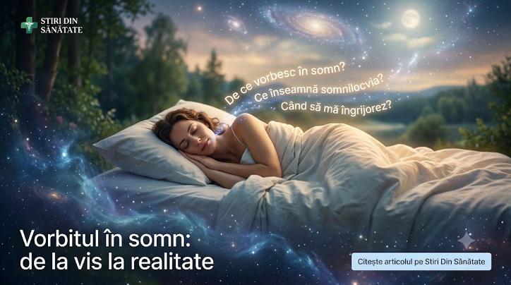 Femeie dormind liniștită în timp ce din mintea ei ies valuri de stele și întrebări despre vorbitul în somn.