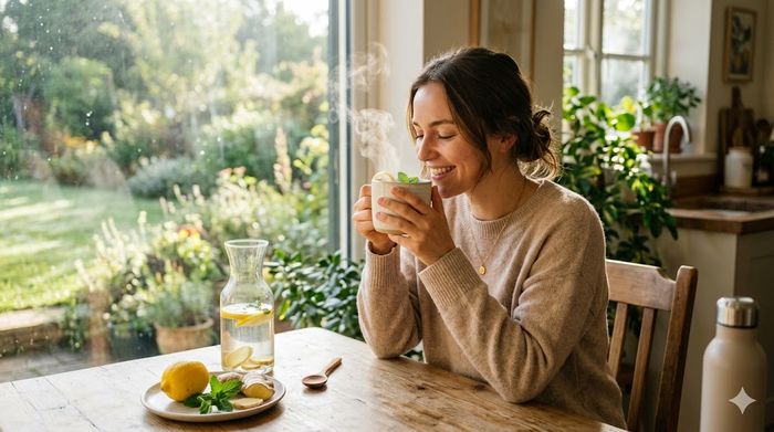 Femeie sorbind băutură caldă cu lămâie într-o bucătărie însorită, cu aburi.