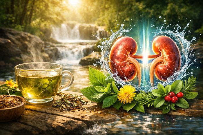 Ceai din plante pentru curățarea rinichilor și o ilustrație cu rinichi sănătoși, hidratați cu apă.