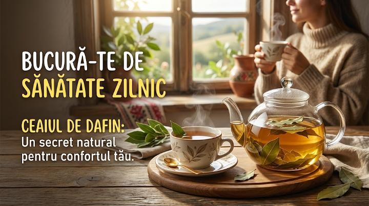 Ceai aromat de dafin în ceașcă și ceainic de sticlă cu frunze naturale.