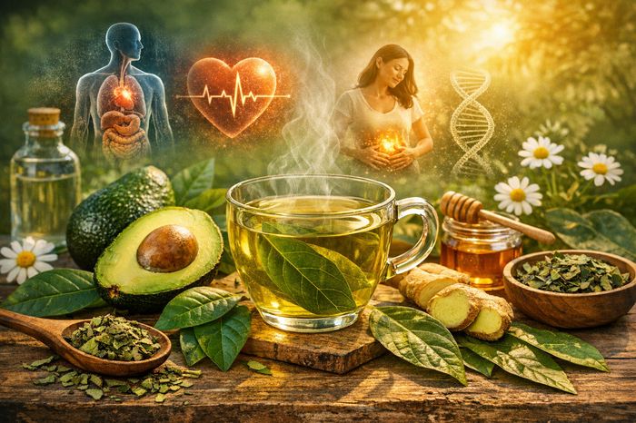Ceai din frunze de avocado, miere și ghimbir, cu ilustrații despre beneficiile pentru inimă și digestie.