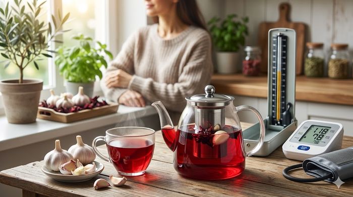 Ceai roșu de hibiscus, căpățâni de usturoi și un tensiometru digital pe o masă din lemn, în bucătărie.