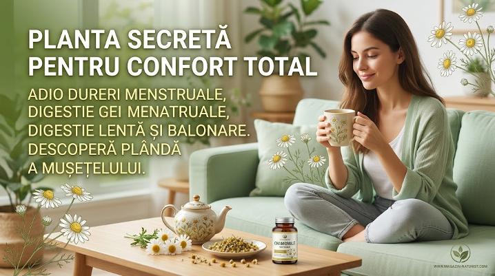 Femeie band ceai de musetel relaxata pe canapea pentru calmarea crampelor menstruale si digestie usoara.
