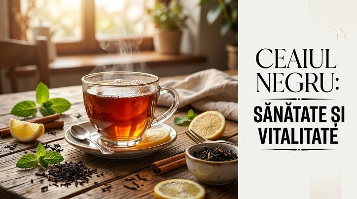 Ceai negru aromat într-o ceașcă de sticlă cu lămâie, scorțișoară și frunze uscate de ceai