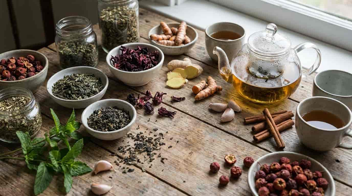 Sortiment de plante medicinale, ceainic de sticlă, turmeric și condimente pe o masă de lemn.