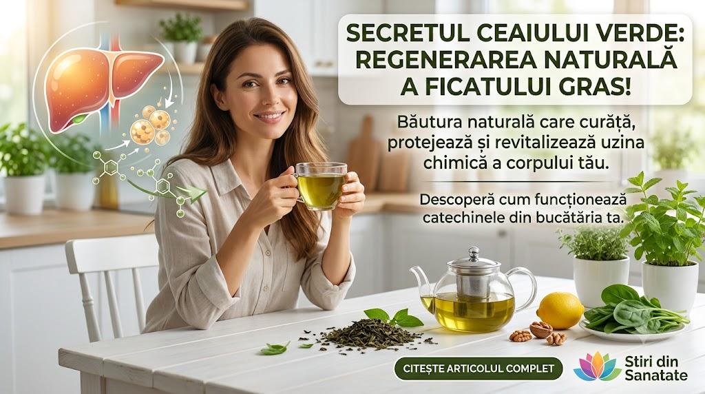 Femeie în bucătărie bând ceai verde lângă un infuzor și o grafică ce ilustrează un ficat sănătos.