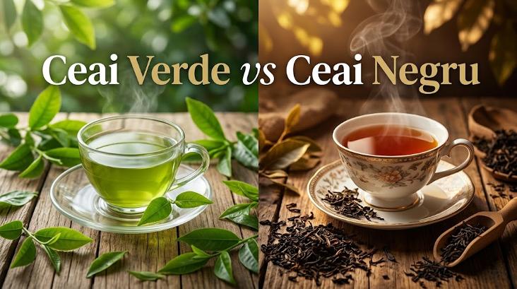 Ceașcă de ceai verde și ceai negru pe blat de lemn cu frunze proaspete și uscate.