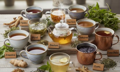 O colecție variată de ceaiuri calde și ingrediente naturale (rădăcini, frunze, ghimbir) aranjate pe o masă de lemn, sugerând un ritual de detoxifiere blândă. În prim-plan se văd cești de infuzie de păpădie, urzică, ceai verde și ghimbir, alături de o infuzoare de sticlă plină, ilustrând principalele ceaiuri diuretice și antioxidante menționate în articol pentru eliminarea toxinelor și susținerea ficatului.
