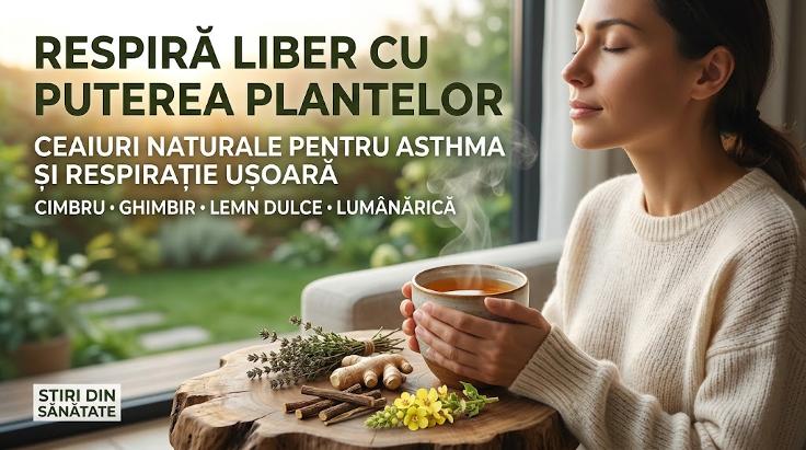 Femeie bând ceai cald din plante medicinale pentru respirație ușoară și astm.