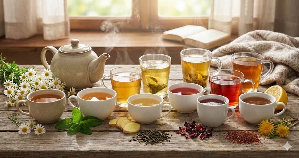 Selecție de ceaiuri sănătoase din plante medicinale, aburinde, pe o masă rustică lângă fereastră.