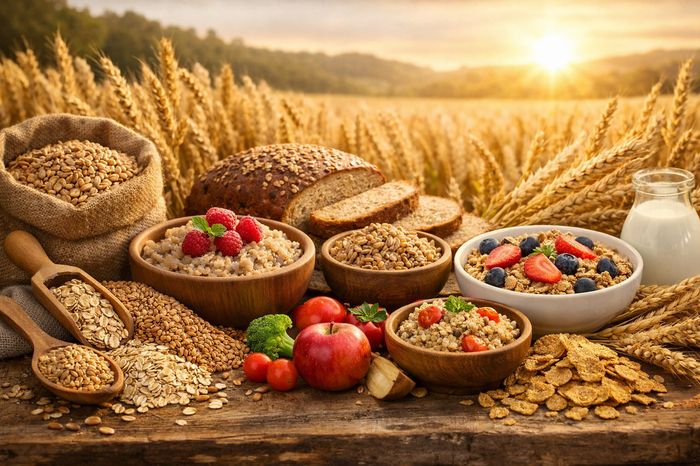Cereale integrale, ovăz, pâine și fructe la mic dejun, pe o masă rustică lângă un lan de grâu.