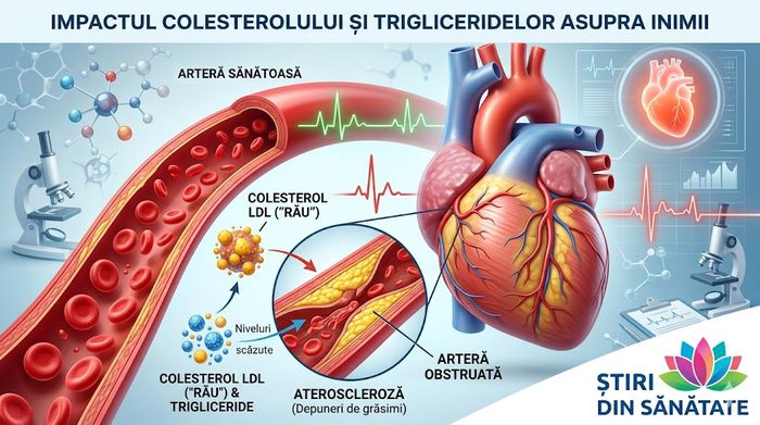 Infografic explicativ: Impactul colesterolului și trigliceridelor asupra arterelor inimii și aterosclerozei.
