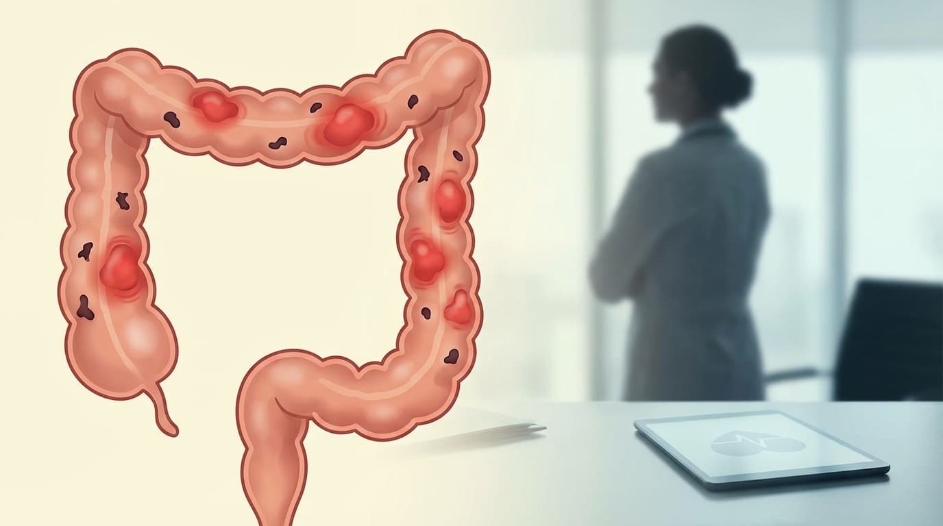 Ilustrație medicală a colonului cu polipi și zone inflamate, pe fundalul unui cabinet cu medic specialist.