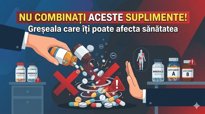 Suplimente alimentare și pastile amestecate cu un semn roșu de interzis și avertizare pentru sănătate.