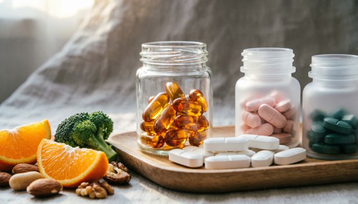 Combinații de vitamine, capsule și alimente proaspete pe o tavă.