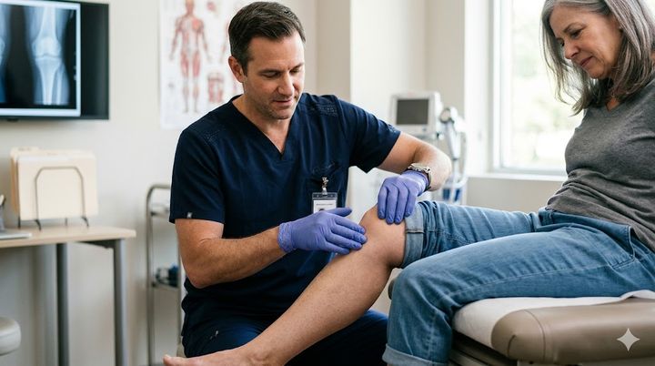 Medic ortoped examinând un genunchi inflamat într-un cabinet medical modern din clinică.