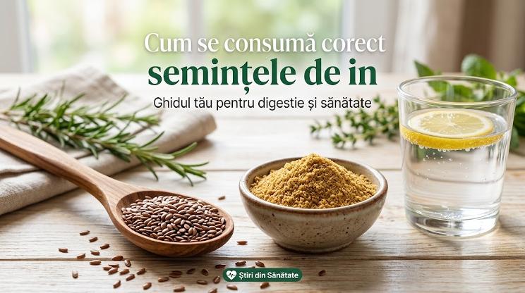 Semințe de in întregi și măcinate într-un bol alături de un pahar cu apă pentru consum corect.