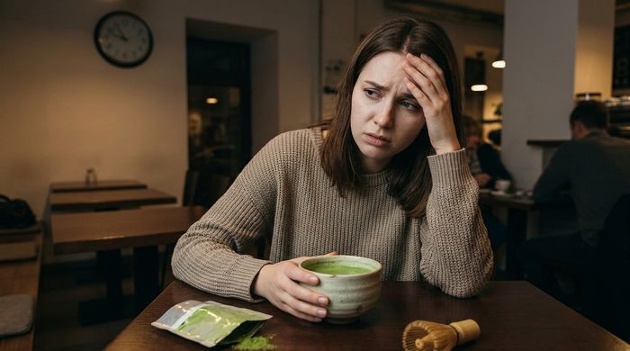 Contraindicații matcha: femeie stresată cu durere de cap la o cană de ceai.