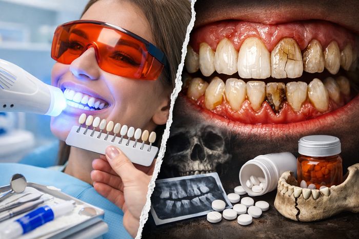 Contrast albire dinti: procedura stomatologica profesionala vs dinți neglijați si riscuri de sanatate.