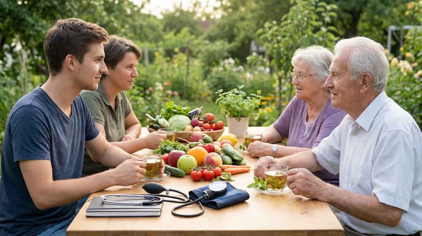 Familie în natură cu legume și tensiometru: stil de viață sănătos și controlul tensiunii.