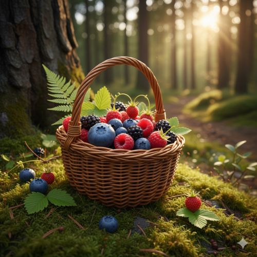 Un coș de răchită plin cu fructe de pădure proaspete și vibrante (afine, zmeură, mure) așezat pe un pat de mușchi verde la baza unui copac într-o pădure luminoasă, cu raze de soare filtrând printre copaci, evocând prospețimea și natura.