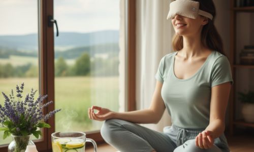 O femeie zâmbește, relaxată, cu o mască de somn pe ochi, așezată în poziție de meditație lângă o fereastră luminoasă. Pe o măsuță alăturată se află un jurnal deschis (sugestie pentru jurnalul de migrene), o cană de apă cu lămâie și castravete (hidratare), un difuzor de uleiuri esențiale și o vază cu lavandă (aromaterapie și relaxare). Bolul cu nuci și semințe de pe masă amintește de o dietă sănătoasă. Imaginea simbolizează controlul, calmul și abordările naturale pentru a combate migrenele.