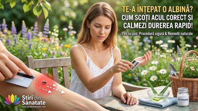 Scoaterea corectă a acului de albină cu un card din plastic și remedii naturale pentru durere.