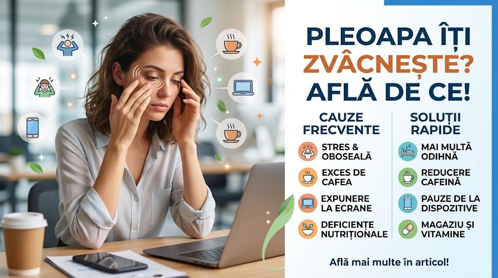 Femeie cu spasm la pleoapă la birou, cauze și soluții pentru zbătutul ochiului