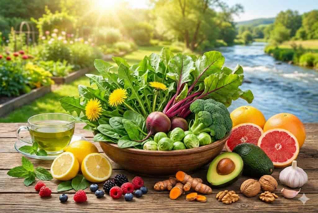 Alimente naturale pentru detoxifierea ficatului și energie: sfeclă, broccoli, avocado și lămâie.