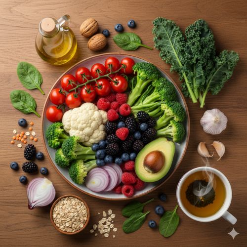 O farfurie plină cu alimente vegetale proaspete, sănătoase și colorate, aranjate artistic pe o masă de lemn, sugerând o dietă bogată în antioxidanți și fibre, esențială pentru prevenirea cancerului. Se văd broccoli, conopidă, roșii, fructe de pădure asortate, avocado, ceapă roșie, usturoi, frunze de spanac și kale, nuci, linte, ovăz, ulei de măsline și o cană de ceai verde aburind.