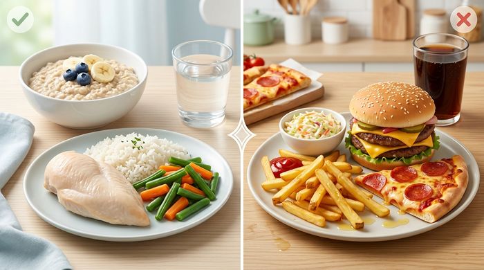 Comparatie vizuala intre mancare sanatoasa (ovaz, pui, legume) si nesanatoasa (burger, pizza, cartofi).