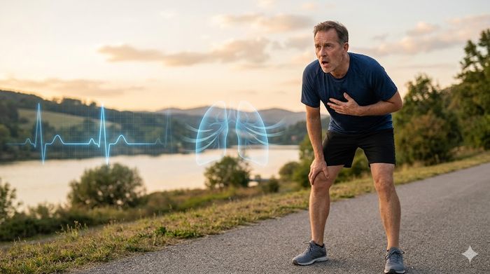 Bărbat care respiră greu la efort fizic, cu grafică sugestivă pentru plămâni și ritm cardiac.