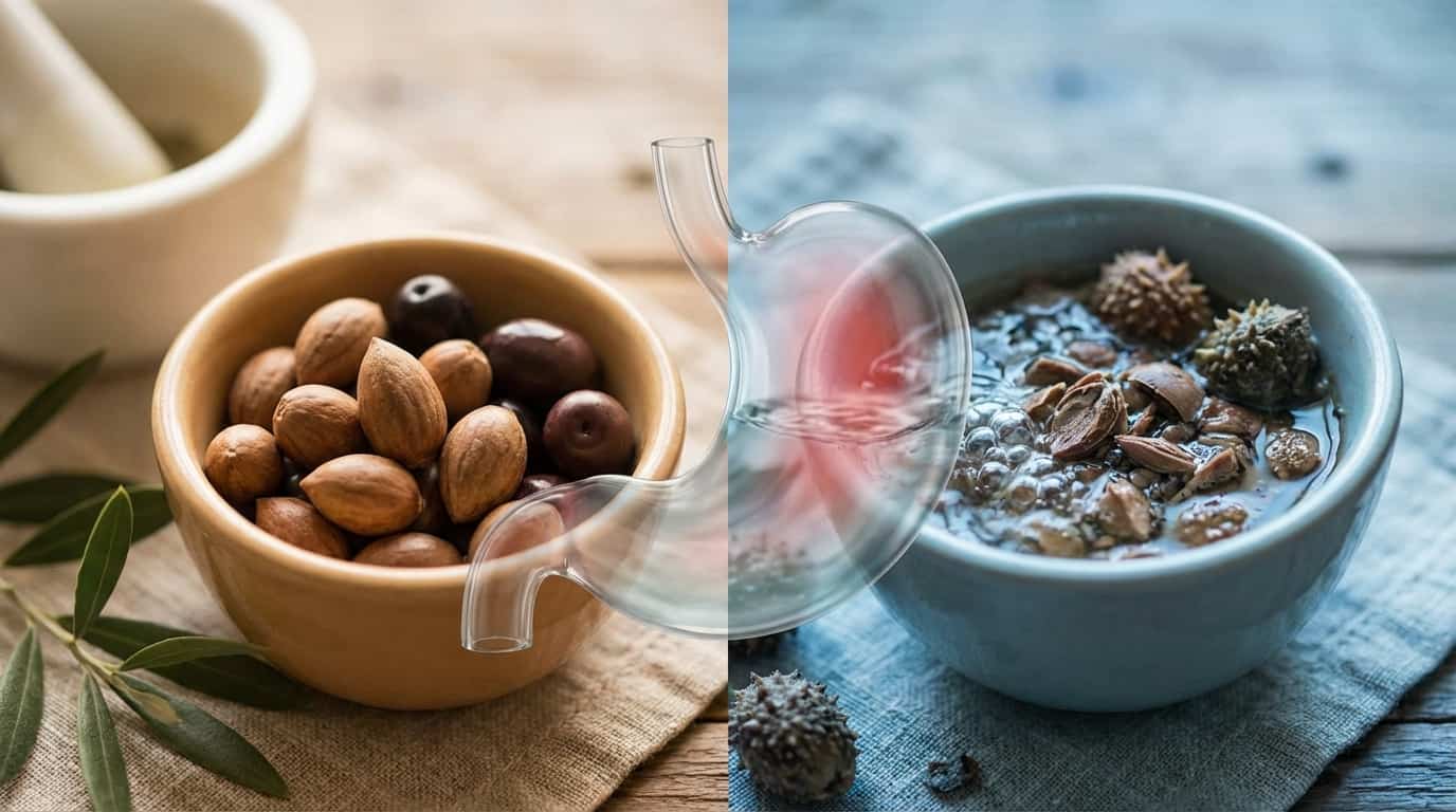 Ilustrație comparativă cu sâmburi de măline și stomac transparent, sugerând procesul de digestie și sănătate.