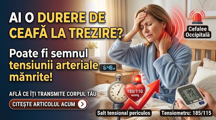 Femeie cu durere de ceafă la trezire cauzată de tensiune mare, lângă tensiometru cu valori crescute