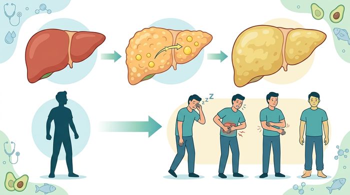 Evoluția ficatului gras și simptome specifice: oboseală, durere abdominală, prurit și icter.