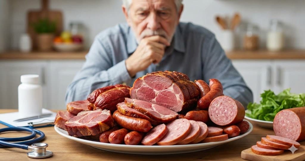 Farfurie cu carne și mezeluri în exces ilustrând riscurile pentru sănătate.