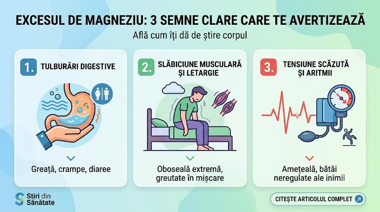 Infografic cu cele 3 semne ale excesului de magneziu: probleme digestive, letargie și aritmii.