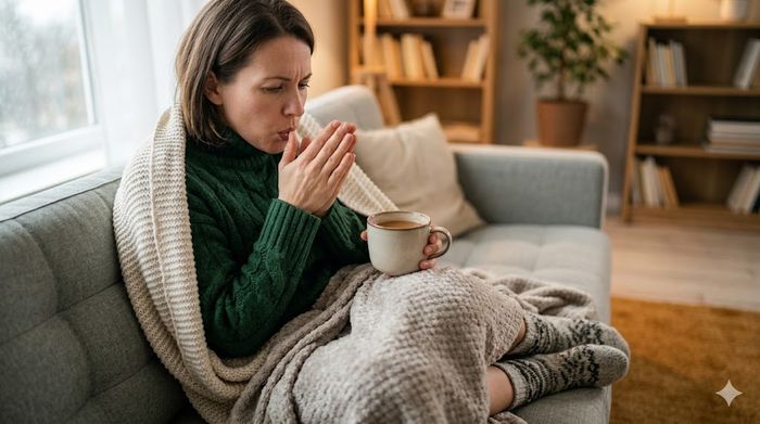 Femeie pe canapea cu mâini reci, suflând în palme pentru a le încălzi.