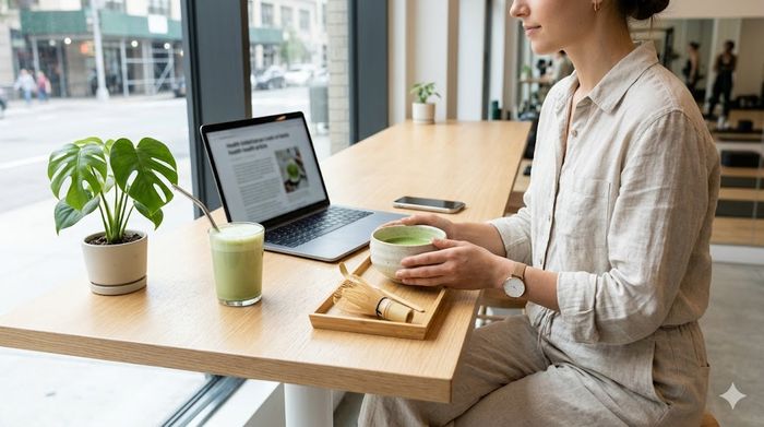Femeie savurând ceai matcha la laptop într-o cafenea modernă.