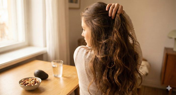 Femeie care verifică semnele căderii părului și alimentație sănătoasă