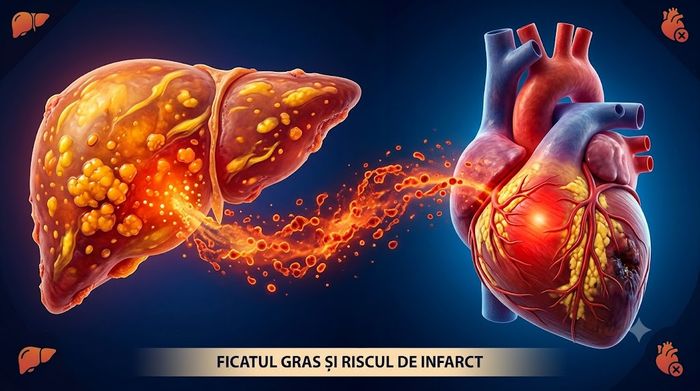 Ficat gras cu steatoză eliberând particule inflamatorii spre o inimă expusă riscului de infarct