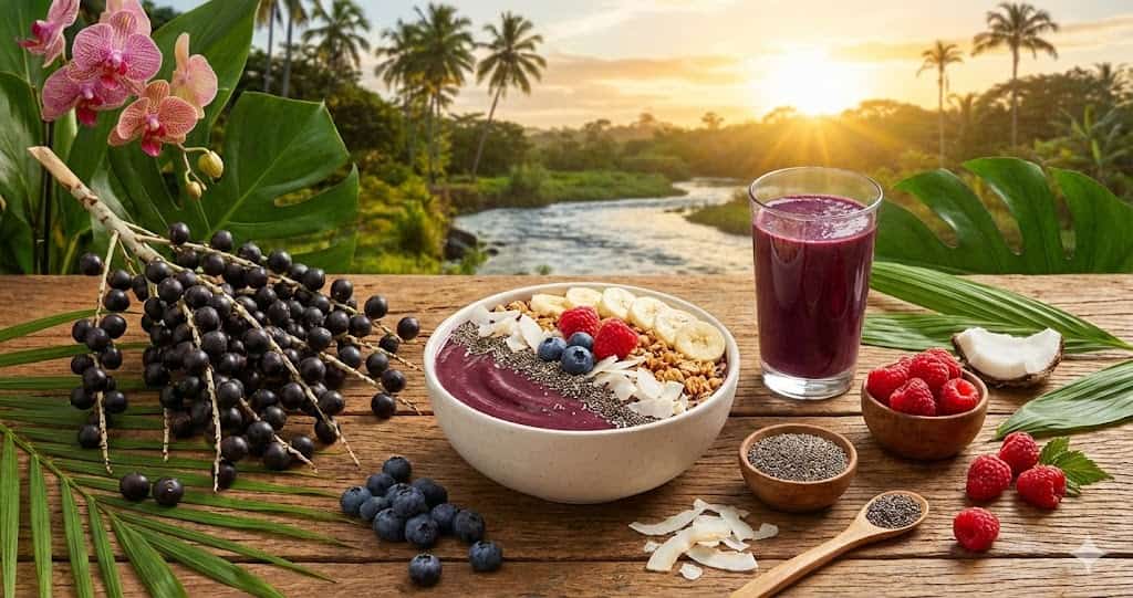 Bol cu acai, fructe proaspete și smoothie pe fundal tropical, ilustrând beneficii pentru sănătate.