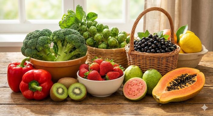Selecție variată de fructe și legume proaspete bogate în Vitamina C, precum ardei roșu, kiwi, broccoli și căpșuni, așezate pe o masă de lemn, ilustrând surse naturale superioare portocalei.