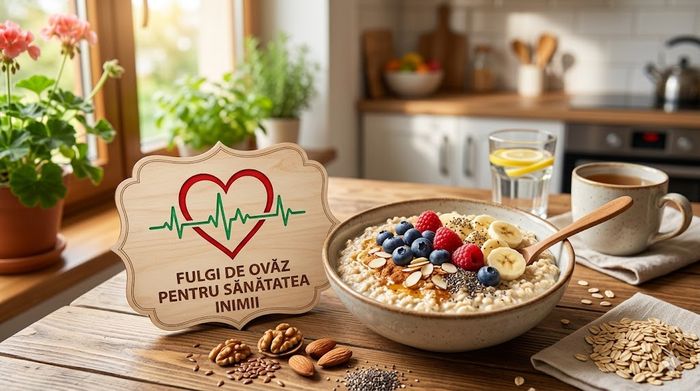 Mic dejun sănătos cu ovăz și fructe, lângă o tăbliță cu textul: „Fulgi de ovăz pentru sănătatea inimii”.